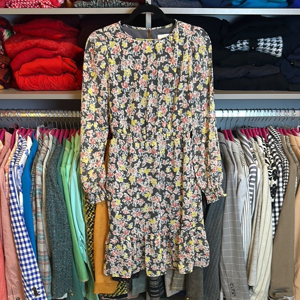 Loft gray/pink/yellow floral long sleeve elastic waistband lined dress size XST